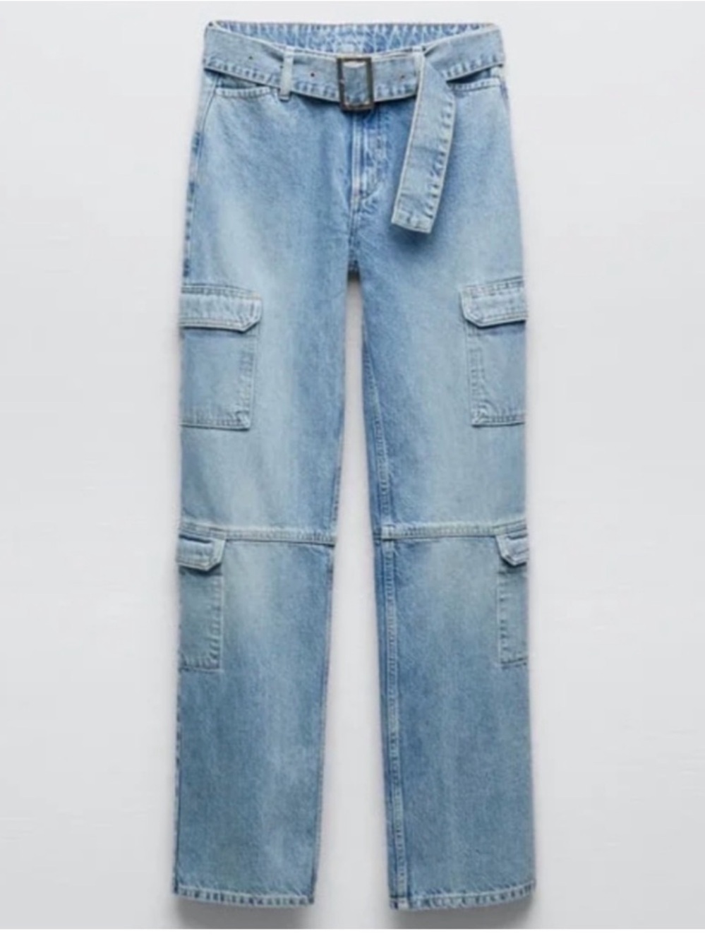 Zara Light Blue Straight-Leg Cargo Jeans with Belt